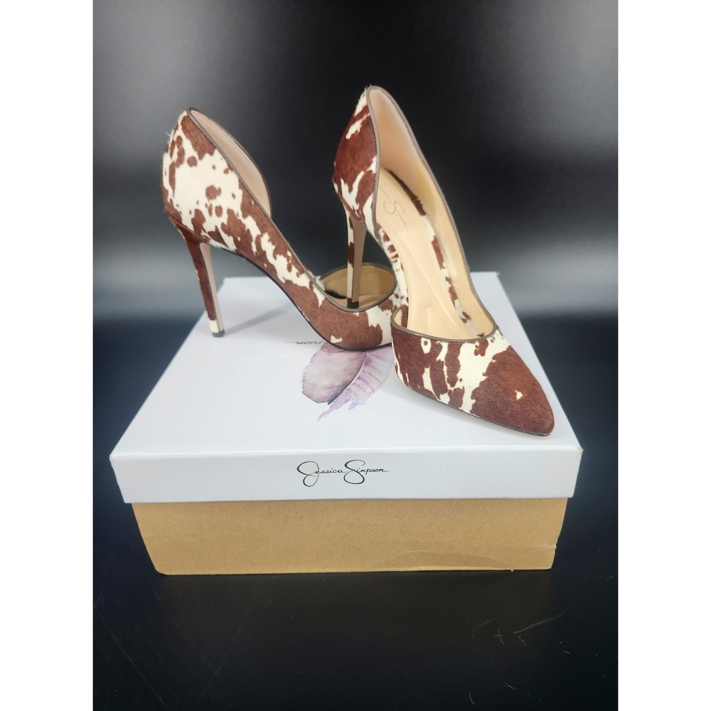 Jessica Simpson Phyre Cow Print Calf Hair d'Orsay Pointed Toe Pumps Brown White